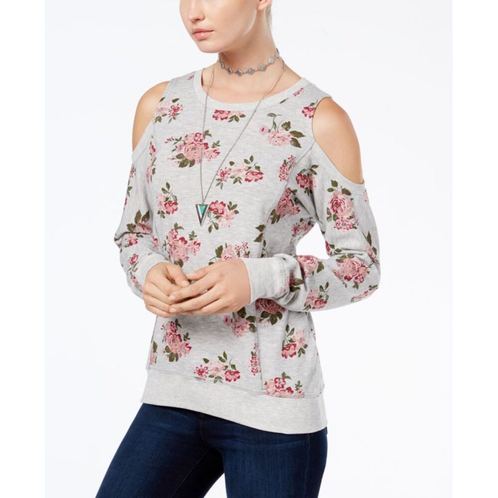 Ultra Flirt Juniors Floral Print Cold Shoulder Sweatshirt